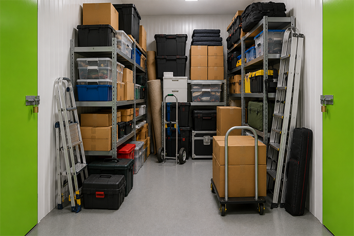 A range of business supplies and boxes securely stored away.