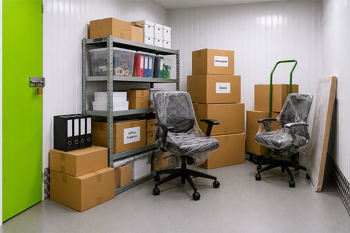 Office supplies and furniture nicely stored away in a storage unit.