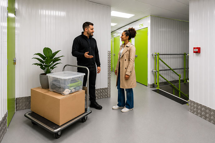 A couple discussing about storing away their personal items in a home storage unit.